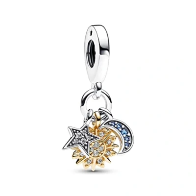 Image of Pandora Moments Celestial sterling silver and 14k gold plated triple dangle with night blue crystal clear cubic zirconia