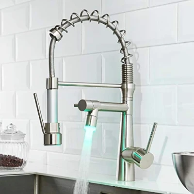Image of TIMACO LED Kitchen Faucet with Spiral Spring, 360 Swivelling Sink Fittings Two Spout, and Shower Tap Extendible High Pressure Brushed Nickel