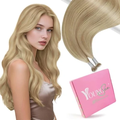 Image of YoungSee Blonde Nano Beads Hair Extensions Dark Ash Highlights Golden Human Ring Tips 14inch 50g 50s
