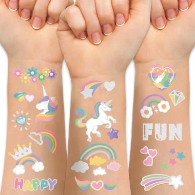 Image of Temporary Tattoo for Kids Unicorn Rainbow Flower Cute 118 Glitter Styles Crown Swan Metallic Waterproof Groovy Fake Tattoos Body Face Stickers Birthday Party Favors Decorations Girls Boys