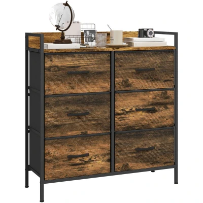 Image of HOMCOM Bedroom Chest of Drawers, Fabric Dresser with 6 Storage Organiser Unit Open Shelf and Metal Frame for Living Room, Entryway, Rustic Brown
