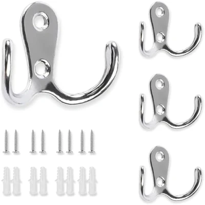 Image of UBRAVE 4 Pack Door Hooks, Double Prong Robe Retro Silver Coat Hooks for &amp; Wall,with Screws Expansion Tubes,Hooks Hanging Towel, Coats, Key, Towel Bathroom, Door, Kitchen
