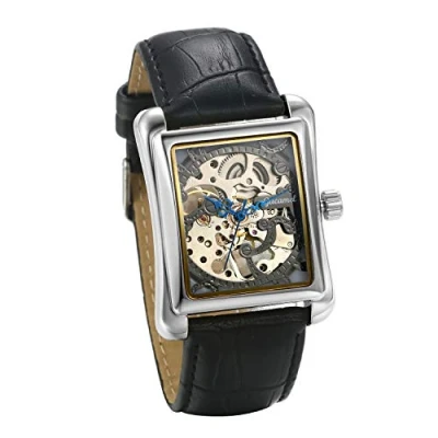 Image of JewelryWe Mens Watches Automatic Mechanical Watch Skeleton Square Dial Leather Wrist