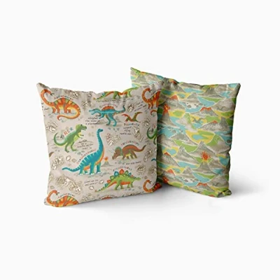 Image of Happy Linen Company Girls Boys Kids Dinosaur Discovery Taupe Natural Square 43cm x Reversible Cushion Covers