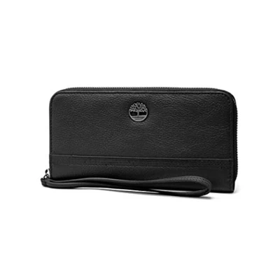 Image of Timberland Women&#039;s Leather RFID Zip Around Wallet Clutch with Wristlet Strap, Black (Pebble), One Size