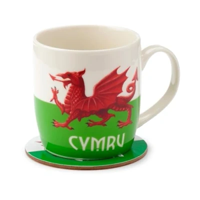 Image of Puckator Wales Welsh Dragon Cymru Porcelain Tea Coffee Mug &amp; Coaster Set Funny Home Accessories Cute Gifts for Girlfriend Large Mugs Men Women Hot Drinks Cups Presents Secret Santa Gift