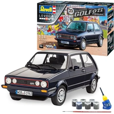 Image of Revell Gift Set 05694 &quot;35 Years VW Golf 1 GTI Pirelli&quot; 1:24 Scale Unbuilt Plastic Model Kit with Contacta Professional Glue, Paintbrush &amp; Selected Aqua Color Paints