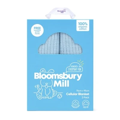 Image of Bloomsbury Mill Cellular Blankets Baby Soft 100% Organic Cotton Blanket Pack of 2 Essentials for Newborn Ideal Cot Bed, Travel, Car Seat, Pram, Moses Basket Blue 75x95cm