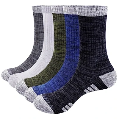 Image of YUEDGE 5 Pairs Men&#039;s Cushion Crew Socks Outdoor Trekking Hiking Walking Socks, Light grey/Medium Grey/Dark blue/Olive green, L (Men Shoe 6 9 UK Size)