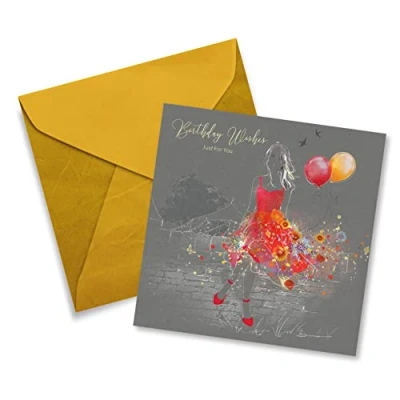Image of Cherry Orchard Female Birthday Wishes Just For You Card Red Dress Balloons