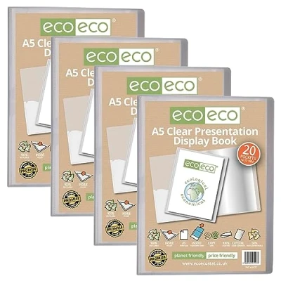 Image of eco A5 Size 50 Percent Recycled 20 Pocket Clear Presentation Display Book, Storage Case Portfolio Art Folder with Plastic Sleeves, Pack of 4, eco127x4