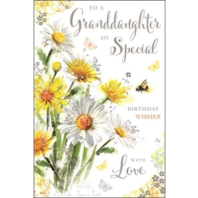 Image of Jonny Javelin Granddaughter Birthday Card (JJ SG12) Artistic Daisies and Bee Secret Garden Range Foil &amp; Flitter Finish