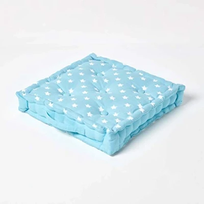 Image of HOMESCAPES Star Blue 100% Cotton Large Floor Cushion White 50 x 10 cm Square Indoor Garden Dining Chair Booster Seat Pad Cushion.
