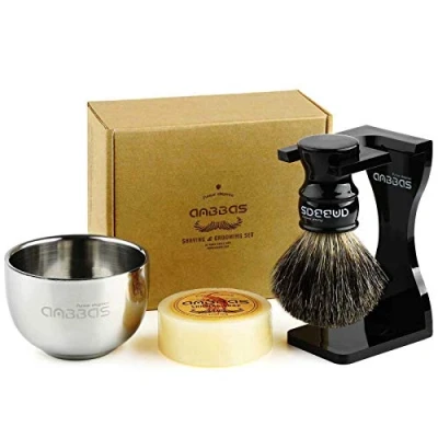 Image of Anbbas Black Badger Hair Shaving Brush Resin Handle and Acrylic Thicken Stand,Stainless Steel Bowl Goat Milk Soap 4in1 Set for Men Wet Shave Gift