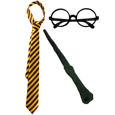 Image of WIZARD SET FANCY DRESS ACCESSORY COSTUME SCHOOL BOY TIE + ROUND GLASSES BRANCH LOOK WAND MAGICIAN OUTFIT