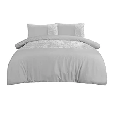 Image of Sleepdown Velvet Cuff Bedding Set Silver Double Duvet Cover and Pillowcase
