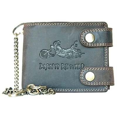 Image of Genuine Leather RFID Biker&#039;s Wallet Born to be Wild with Motorbike and Metal Chain
