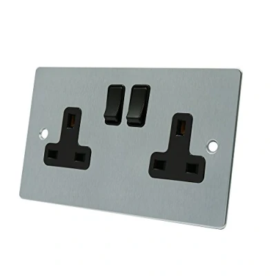 Image of AET FSC2GSOCBL Satin Chrome Flat Black Insert Plastic Rocker Switches 13 Amp Double 2 Gang Plug Socket, 240 V