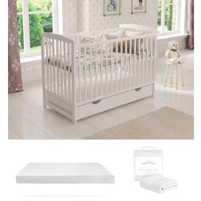 Image of Love For Sleep JACOB Wooden Baby Cot Bed 120x60cm with Large Drawer, Guard Barrier, Teething Rails &amp; Deluxe Aloe Vera Mattress (White)