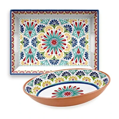 Image of Purely Home Rio Medallion Melamine/Plastic Outdoor/BBQ/Picnic Oval Bowl &amp; Rectangular Serving Tray Set