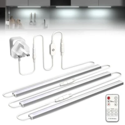 Image of Bonlux Under Cabinet Kitchen Lights, Dimmable LED Strip Light Cool White 6000K, Linkable Counter Lights with Remote for Plug in Cupboard Lighting(3x12IN)
