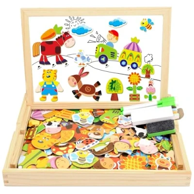 Image of COOLJOY Wooden Magnetic Puzzle Jigsaw, Farm Animals Boards For Children, Double Sided 100+ PCS Educational Drawing Blackboard Wood Toys Kids Boys Girls 3 4 5 Years Old