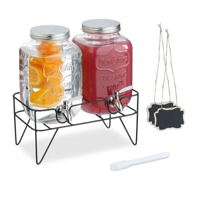 Image of Relaxdays Set of 2 Drink Dispensers, 4L Beverage Container, Party Accessory, Tap, Lid and Stand, Glass, Transparent, Steel, 58 x 66 38 cm