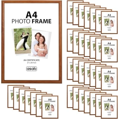 Image of ASAB Pack of 36 A4 Frame Wall Hanging Hooks Flat Classic Design Picture with Quick Photo Insertion Clear Acrylic Display for Table Top Home and Office (Light Brown)