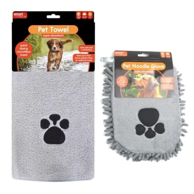 Image of YöL Microfibre Pet Towel and Mitt Set Grey Quick Drying Dog Puppy Bath Shower Absorbent Material Noodle Glove