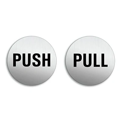 Image of Door Signs Push Pull Ø 75 mm Set of 2 brushed Aluminium Stainless Steel Look self adhesive Nr.6714 K