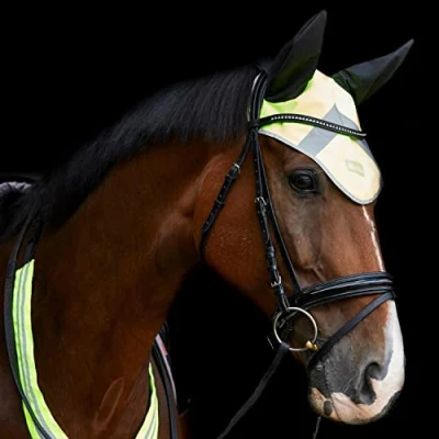 Image of Masta Hi Vis Fly Veil for Horses Equestrian High Visibility Reflective Ear Bonnet Cob Full PONY Horse Lightweight &amp; Breathable Comfortable Fabric Yellow, Size