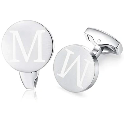 Image of HONEY BEAR Initial Alphabet Letter Cufflinks for Men, Brushed Silver Round Shape Stainless Steel Wedding Business Cufflinks, A Z (M)