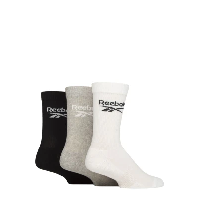 Image of Mens and Women&#039;s 3 Pair Reebok Core Ribbed Cotton Crew Socks White / Grey Black 11 12.5 UK
