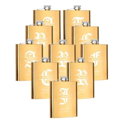 Image of Set of 10, Personalised Flasks for Groomsmen Bridesmaid Gifts, 8oz Stainless Steel Engraved Men Women, Custom Wedding Party Gift, Best Friend Gift