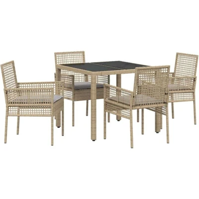 Image of vidaXL 5 Piece Garden Dining Set with Cushions Beige Poly Rattan