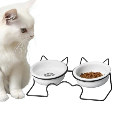 Image of Navaris Raised Cat Food Bowls with Stand Cute Elevated Feeder Feeding Bowl for Cats Includes Two Dishwasher Safe Ceramic and Decorative Frame