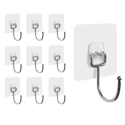 Image of Hushtong 10PCS Self Adhesive Hooks Heavy Duty Wall 20kg (Max) Strong Large Size Sticky Hooks, Clear Stick on Free Nail for Home Bathroom Kitchen and Office