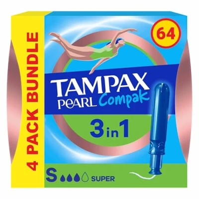 Image of Tampax Compak Pearl Tampons, Super with Applicator, 64 Tampons (16 x 4 Packs), Leak Protection and Discretion