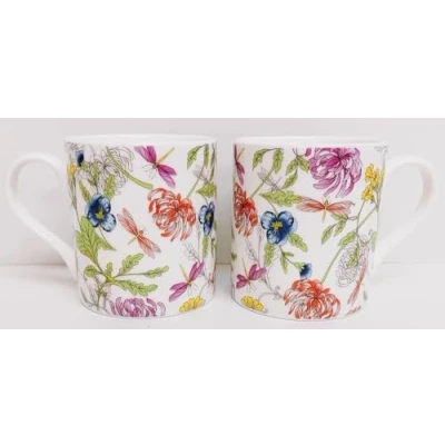 Image of Rainbow Decors Japanese Garden &amp; Dragonflies Mugs Set of 2 Fine Bone China 9 oz Balmoral Floral Cups Hand Decorated in UK