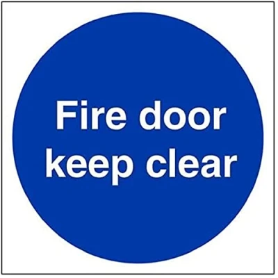 Image of V Safety 18005AM S Fire Door Keep Clear Mandatory Sign Square 150mm x Self Adhesive Vinyl, Blue