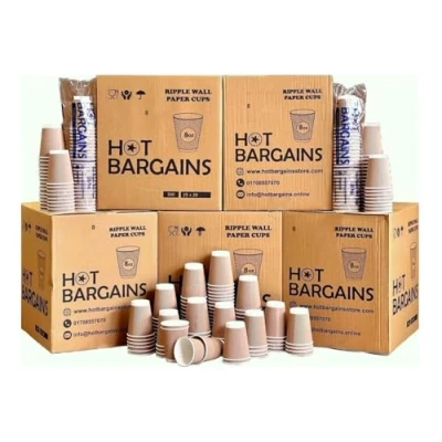 Image of Hot BARGAINS, 100 X 8oz Disposable Kraft Paper Cups for &amp; Cold Drinks, Triple Walled Ripple Coffee, Tea Other Drinks Tableware