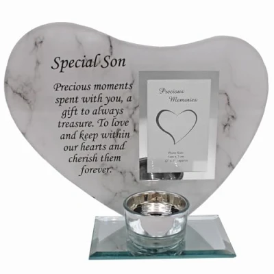 Image of Glass Memorial Tea Light Candle Holder Photo Frame Marble Effect Son 0951