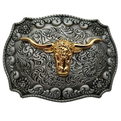 Image of Yone Xwest Western Cowboy 4x3 Belt Buckle Golden Texas Longhorns Bull Buckles