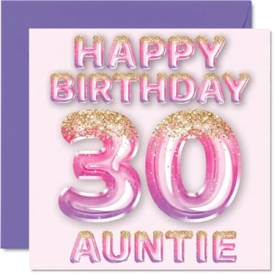 Image of 30th Birthday Card for Auntie Pink &amp; Purple Glitter Balloons Happy Cards 30 Year Old Aunt Aunty from Nephew Niece, 145mm x Bday Greeting Gift