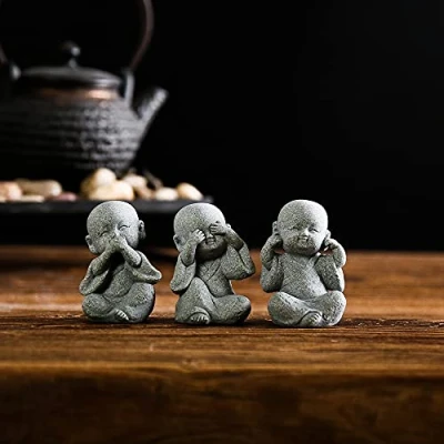 Image of QIANSHENG 3 Wise Little Monks Statue Cute Figurine Hear No Evil See Speak Buddha Set Home Office Desktop Bookshelf Ornaments Car Decoration