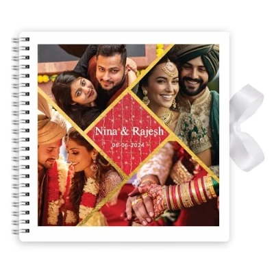 Image of Personalised Photo Wedding Guest Book Keepsakes,Signature Scrapbook, Album Couple 20cm x 20 cm 50 Sheets (Geometry Patterns, White)