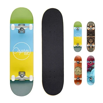 Image of Osprey Complete Skateboard, 31&quot; x 8&quot; Double Kick Skateboard for Kids and Adults, Concave Deck, Includes Grip Tape, Deck Wheels, Blocks Multiple Designs