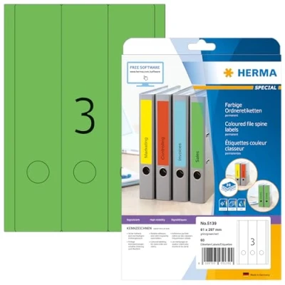 Image of HERMA Self Adhesive Spine Labels, 3 Labels per A4 Sheet, 20 Sheets, 61 x 297 mm, 60 Blank Lever Arch File Folder Stickers, Sticky for Laser &amp; Inkjet Printer, Green