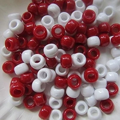 Image of 100 x Pony Beads 9x6mm Red and White Festive Mix Plastic Barrel Craft