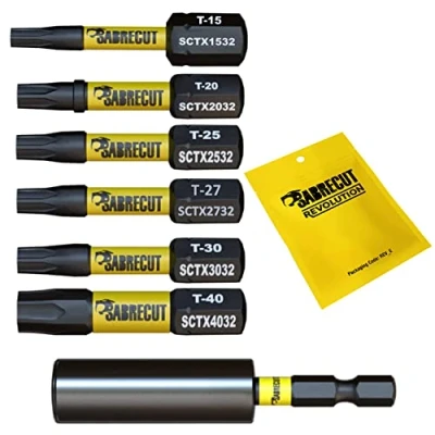 Image of 7 x SabreCut SCRK32TX 32mm T15 TX15 T20 TX20 T25 TX25 T27 TX27 T30 TX30 T40 TX40 Magnetic Impact Screwdriver Driver Bits Set Torx Heavy Duty Compatible with Dewalt Milwaukee Bosch Makita and More